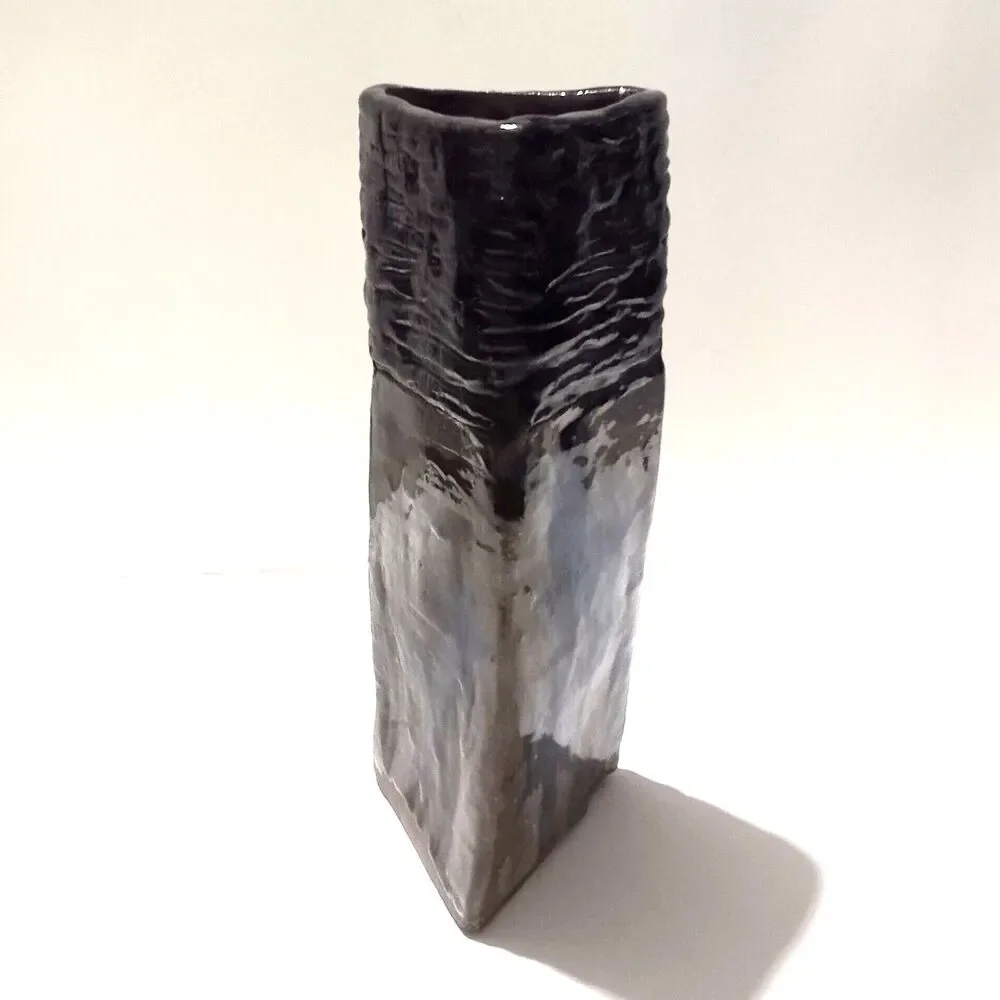 Vintage Glazed Triangular Studio Art Pottery Vase Handmade 10 Inch